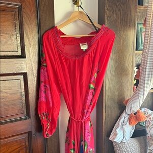 Farm RIO Red Floral Maxi Dress with Smocked Neckline